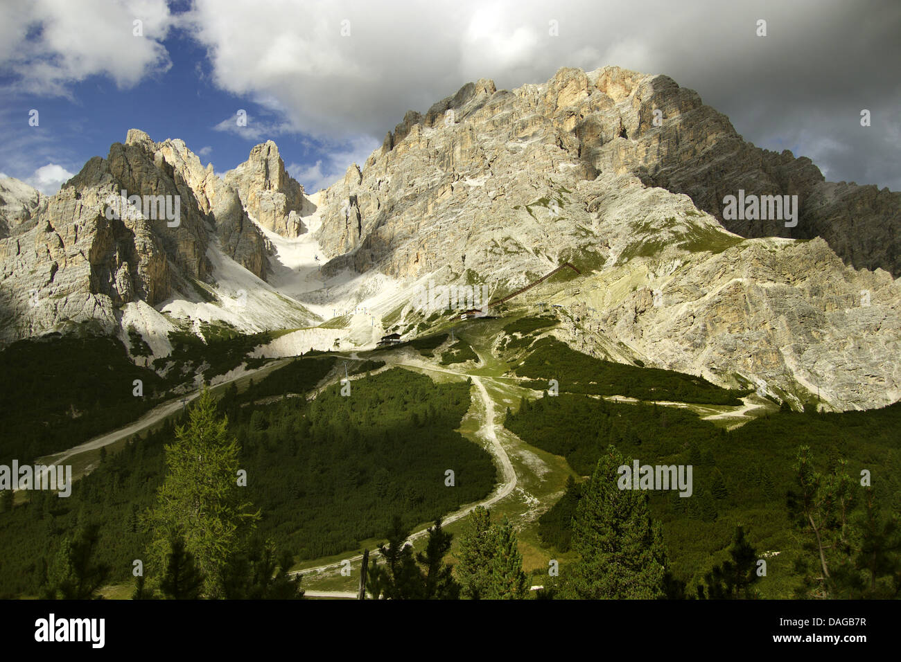 Blick vom Crêpe de Zumeles zum Monte Cristallo, Italien, Dolomiten Stockfoto