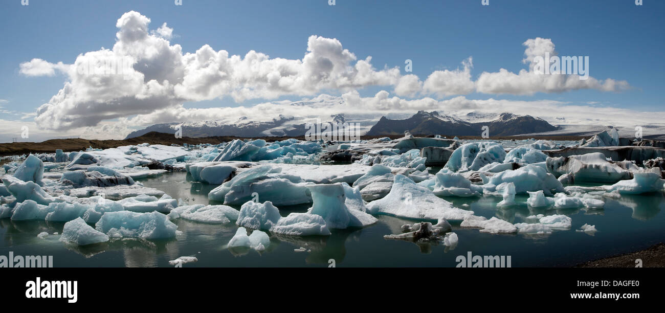 Panorama zusammengesetzte Bild der Jökulsárlón Gletscherlagune an der Grenze des Vatnajökull-Nationalpark - südöstlichen Island Stockfoto