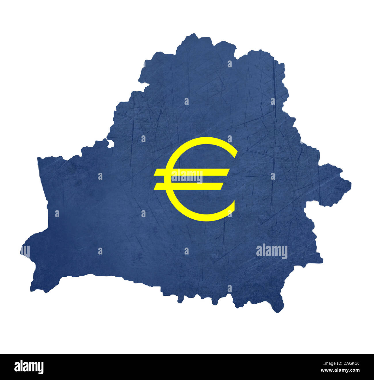 Europäische Währungssymbol auf der Karte von Belarus isoliert auf weißem Hintergrund. Stockfoto