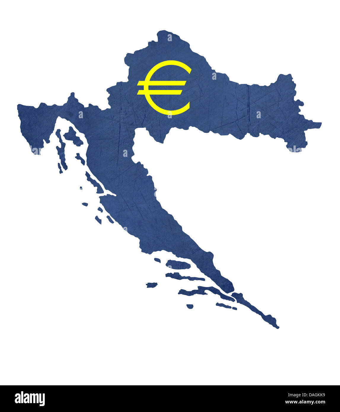 Europäische Währungssymbol auf der Karte von Kroatien isoliert auf weißem Hintergrund. Stockfoto