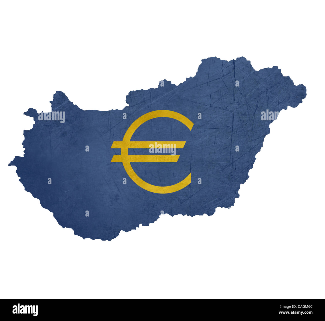 Europäische Währungssymbol auf der Karte von Ungarn isoliert auf weißem Hintergrund. Stockfoto