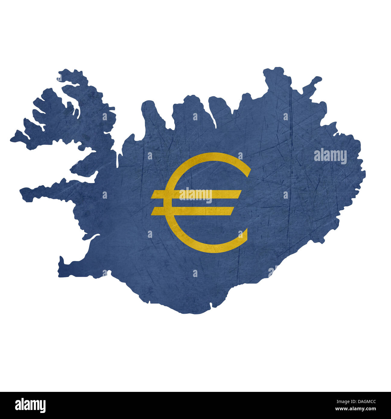 Europäische Währungssymbol auf der Karte von Island isoliert auf weißem Hintergrund. Stockfoto