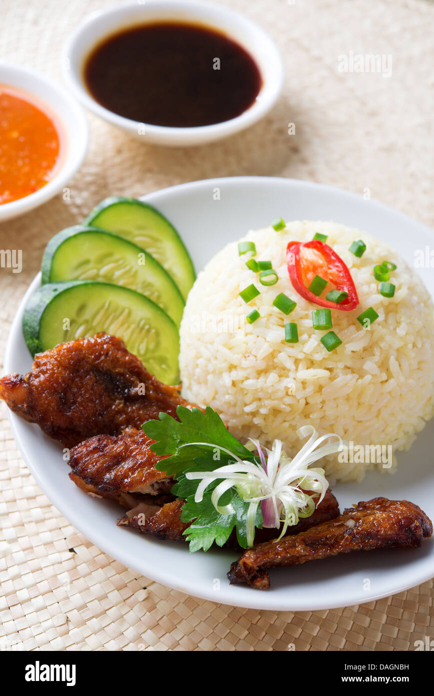Singapur-Hainan Chicken Rice Nahaufnahme. Asiatische Küche. Stockfoto