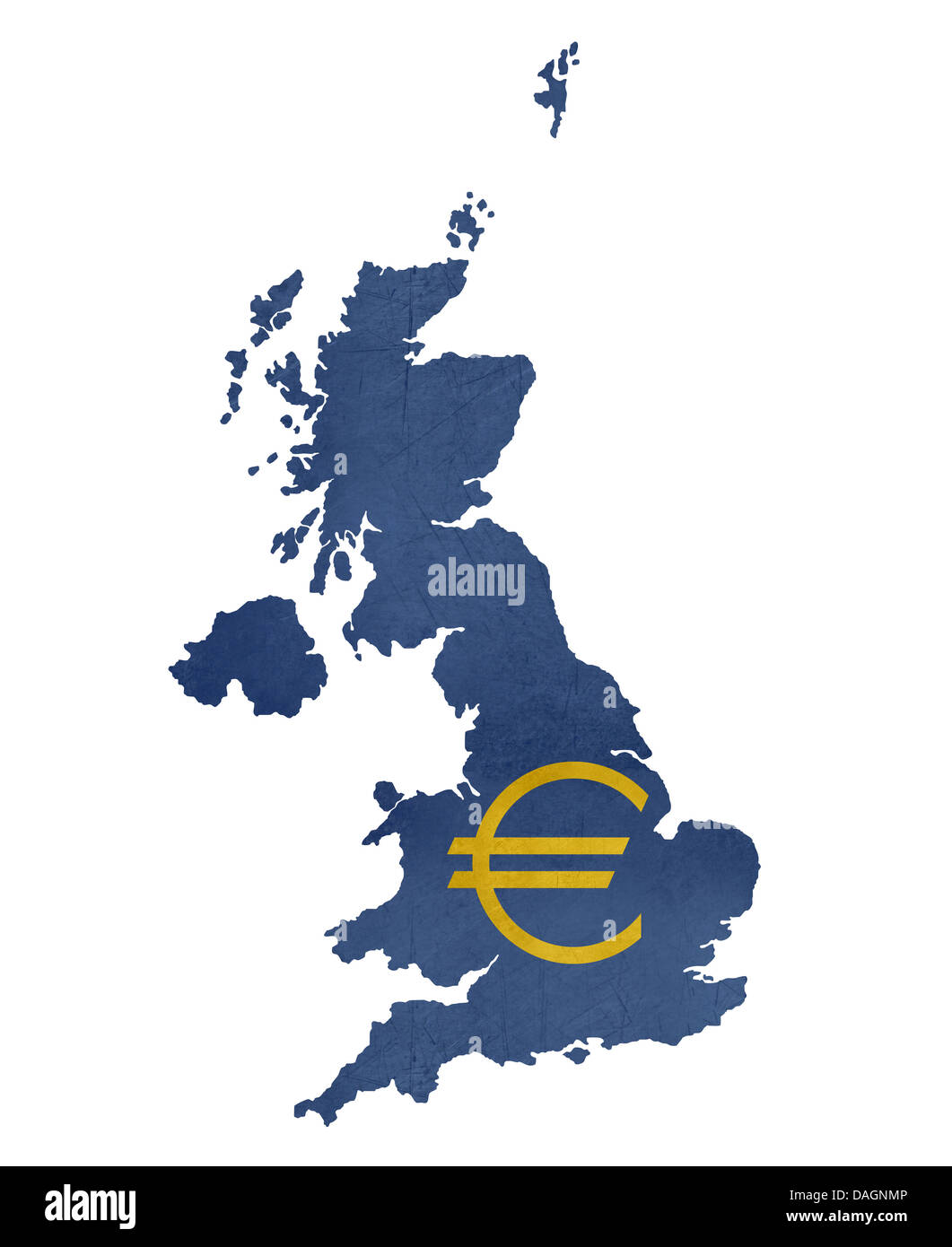 Europäische Währungssymbol auf der Karte des Vereinigten Königreichs isoliert auf weißem Hintergrund. Stockfoto