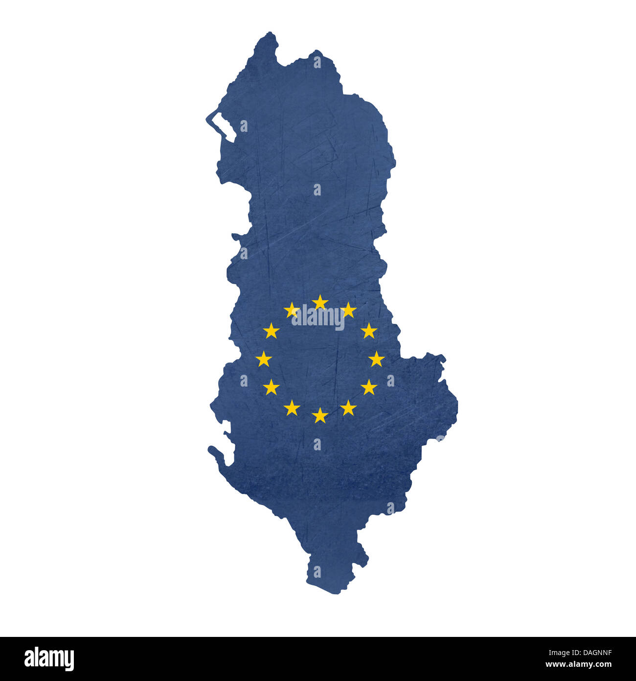 Europaflagge Karte von Albanien isoliert auf weißem Hintergrund. Stockfoto