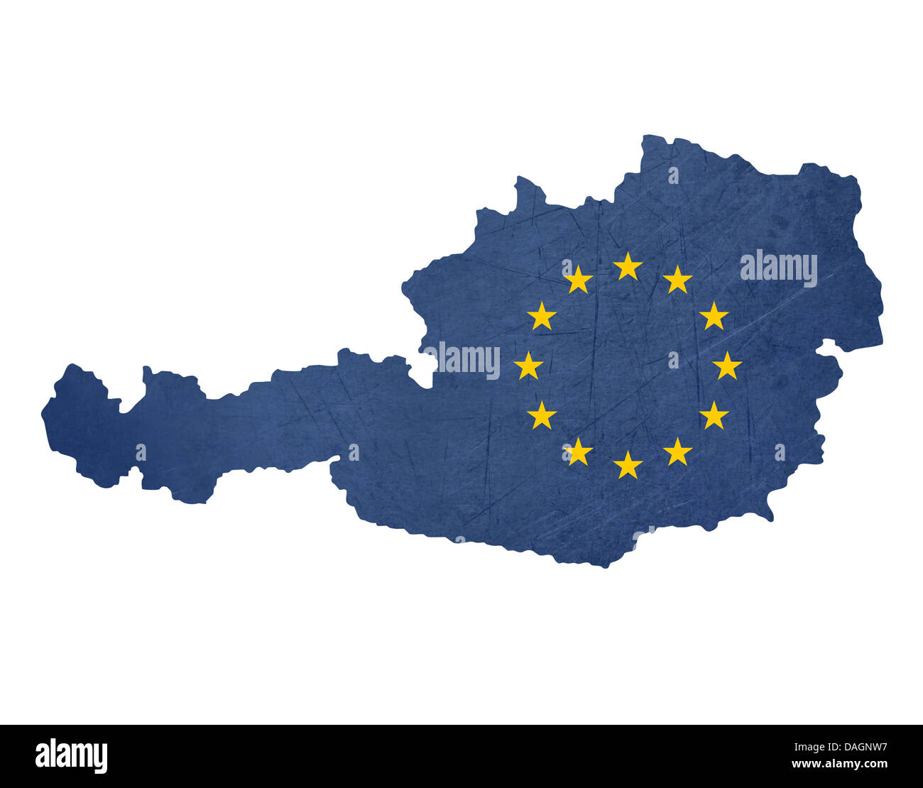 Europaflagge Karte von Österreich isoliert auf weißem Hintergrund. Stockfoto
