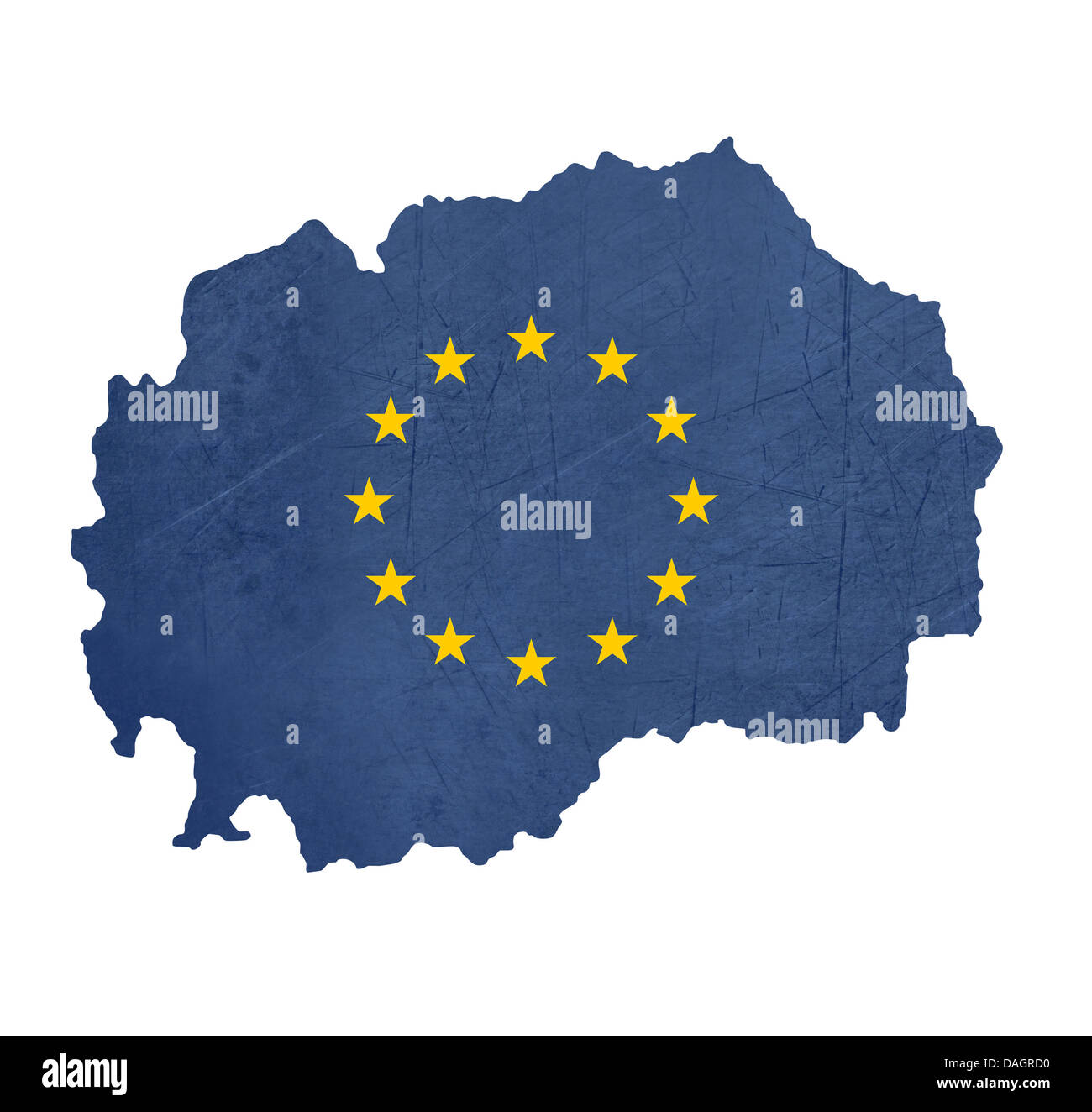 Europaflagge Karte von Mazedonien isoliert auf weißem Hintergrund. Stockfoto