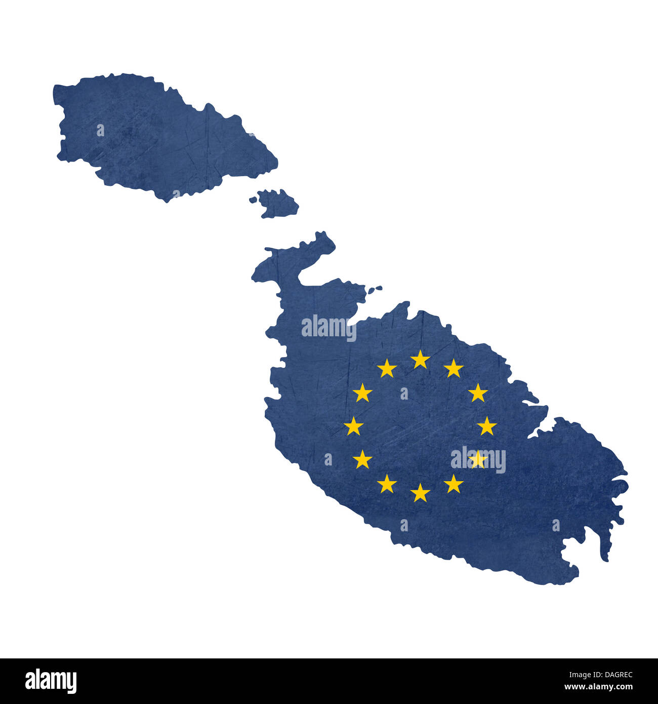 Europaflagge Karte von Malta isoliert auf weißem Hintergrund. Stockfoto