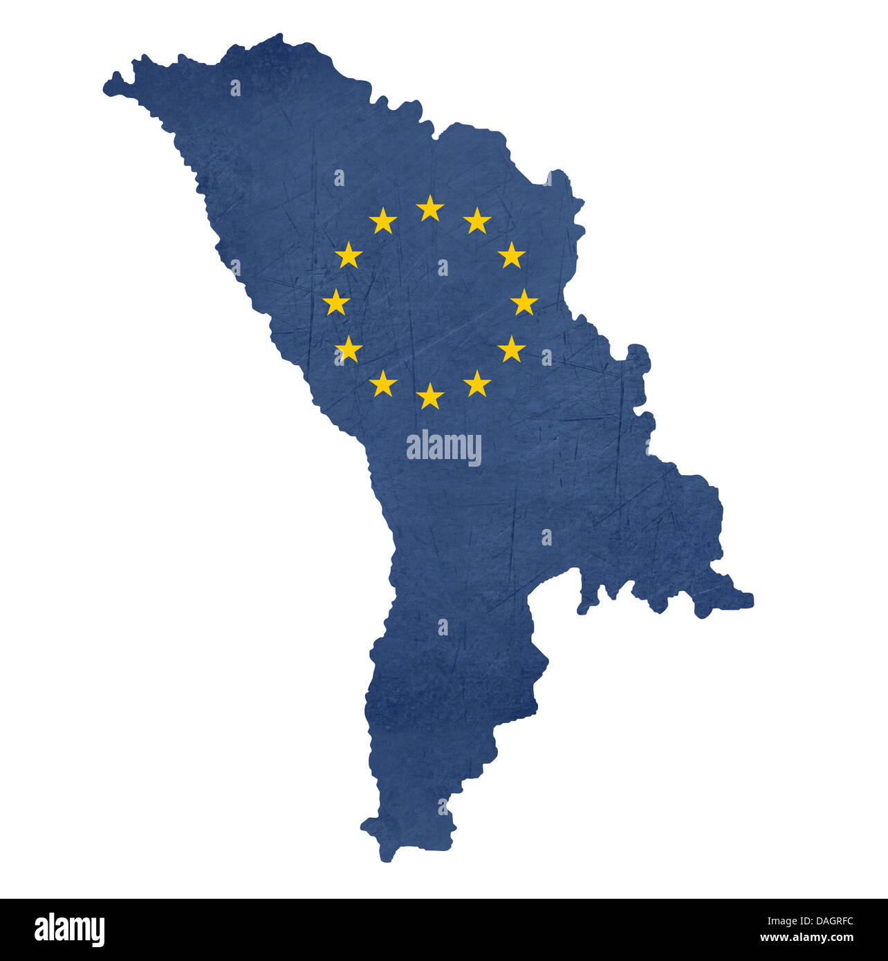 Europaflagge Karte von Moldawien isoliert auf weißem Hintergrund. Stockfoto