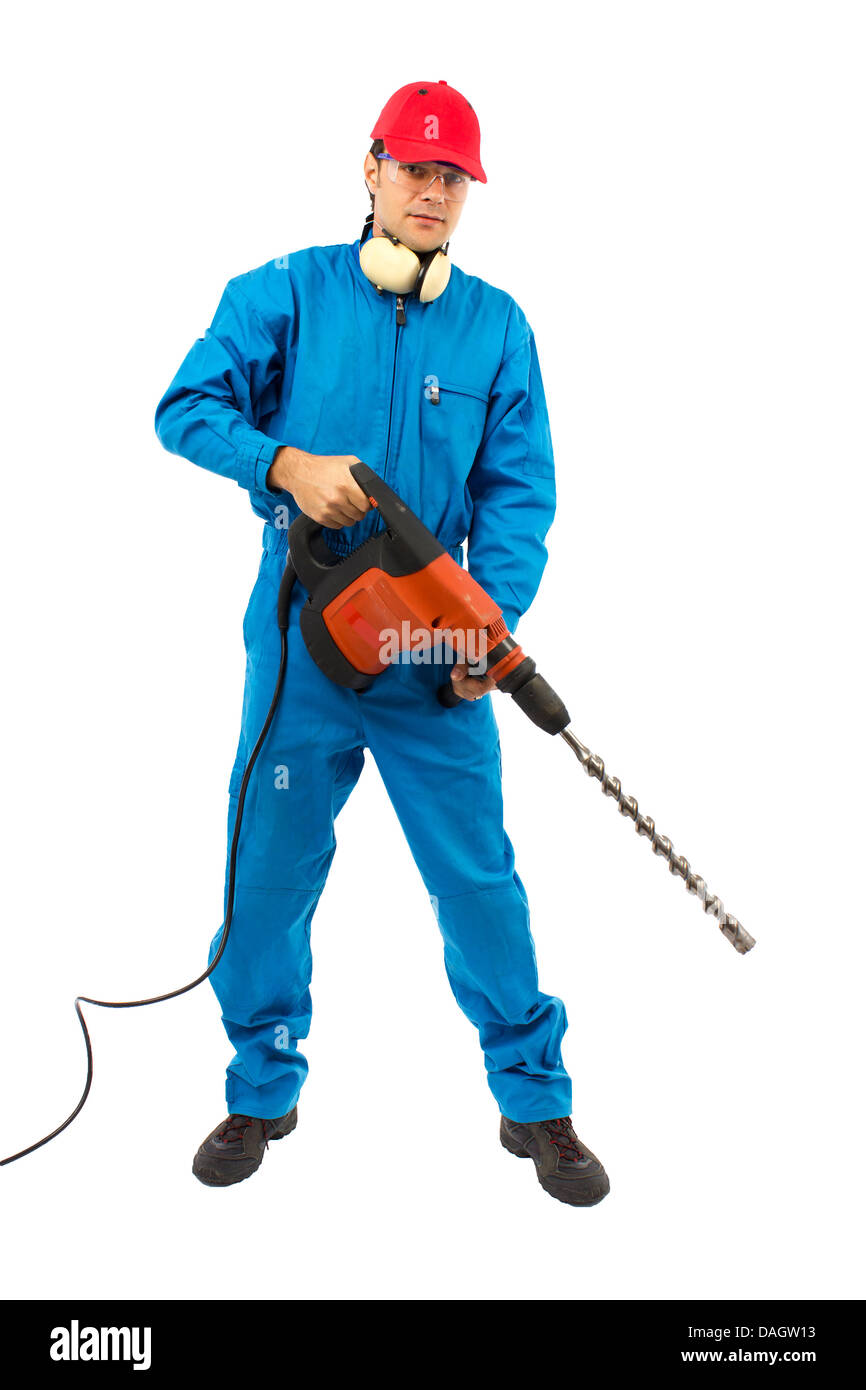 Arbeiter mit Schutzausrüstung mit einem Bohrhammer auf weißem Hintergrund Stockfoto