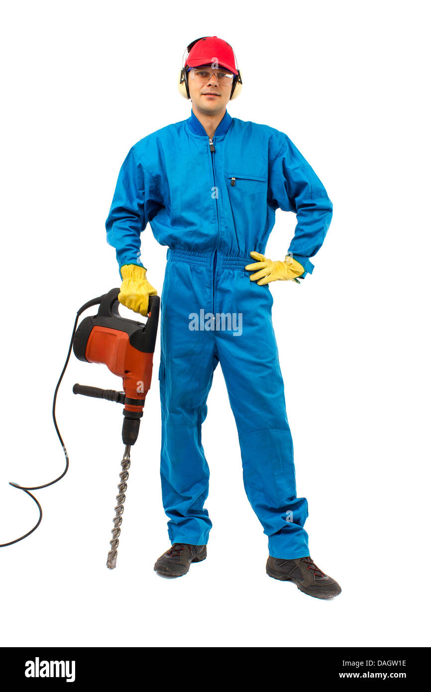 Arbeiter mit Schutzausrüstung mit einem Bohrhammer auf weißem Hintergrund Stockfoto