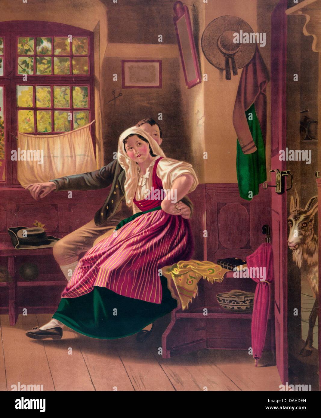 Mutter kommen, oder falscher Alarm.  Ein junges Paar zu stoppen, was sie tun, wenn sie unterbrochen werden... ...mit einer Ziege. Um 1900 Stockfoto