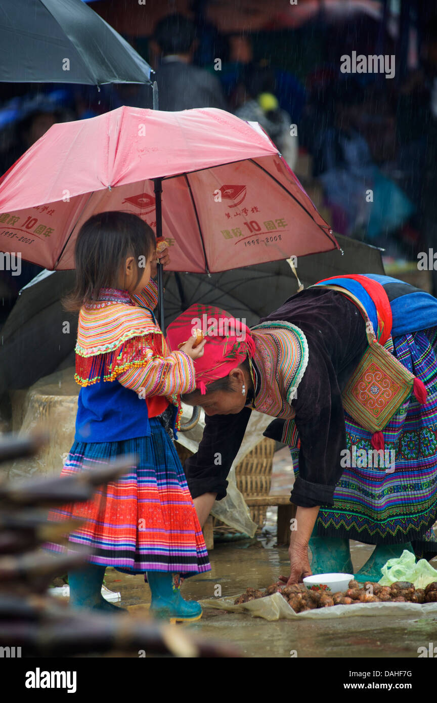 Blume Hmong Kind hält einen Regenschirm, ihrer Großmutter vor dem Regen,  Bac Ha, Provinz Lao Cai, Vietnam zu schützen Stockfotografie - Alamy