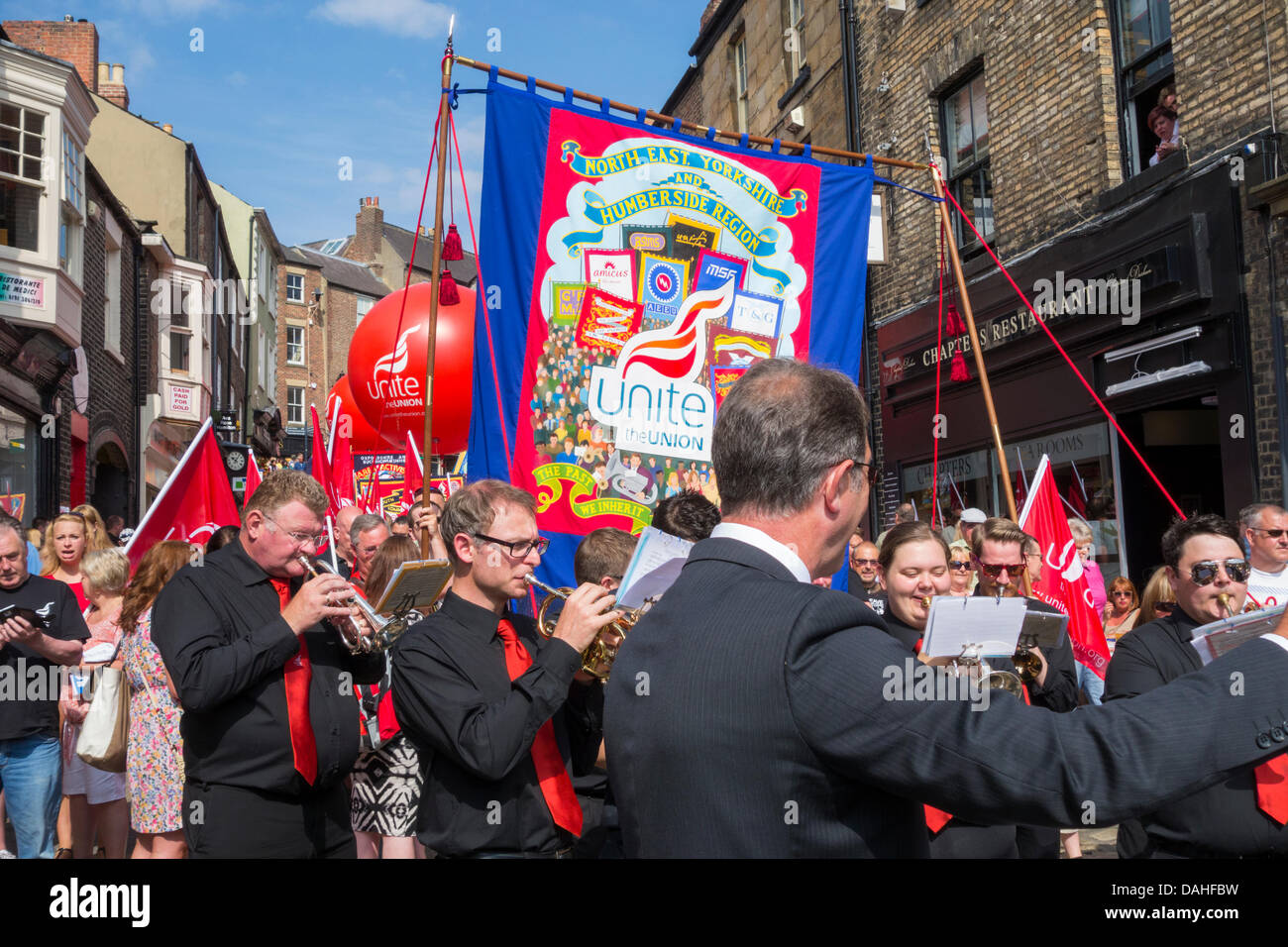 Unite Union Banner bei Durham Miners Gala. VEREINIGTES KÖNIGREICH Stockfoto