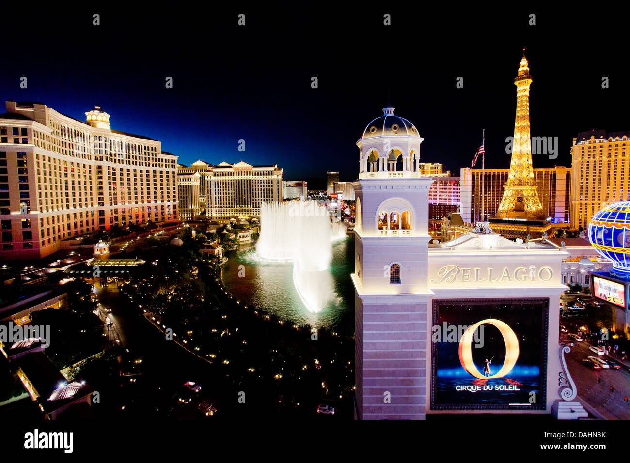 Strip, Bellagio bei Nacht Las Vegas, Nevada, USA Stockfoto