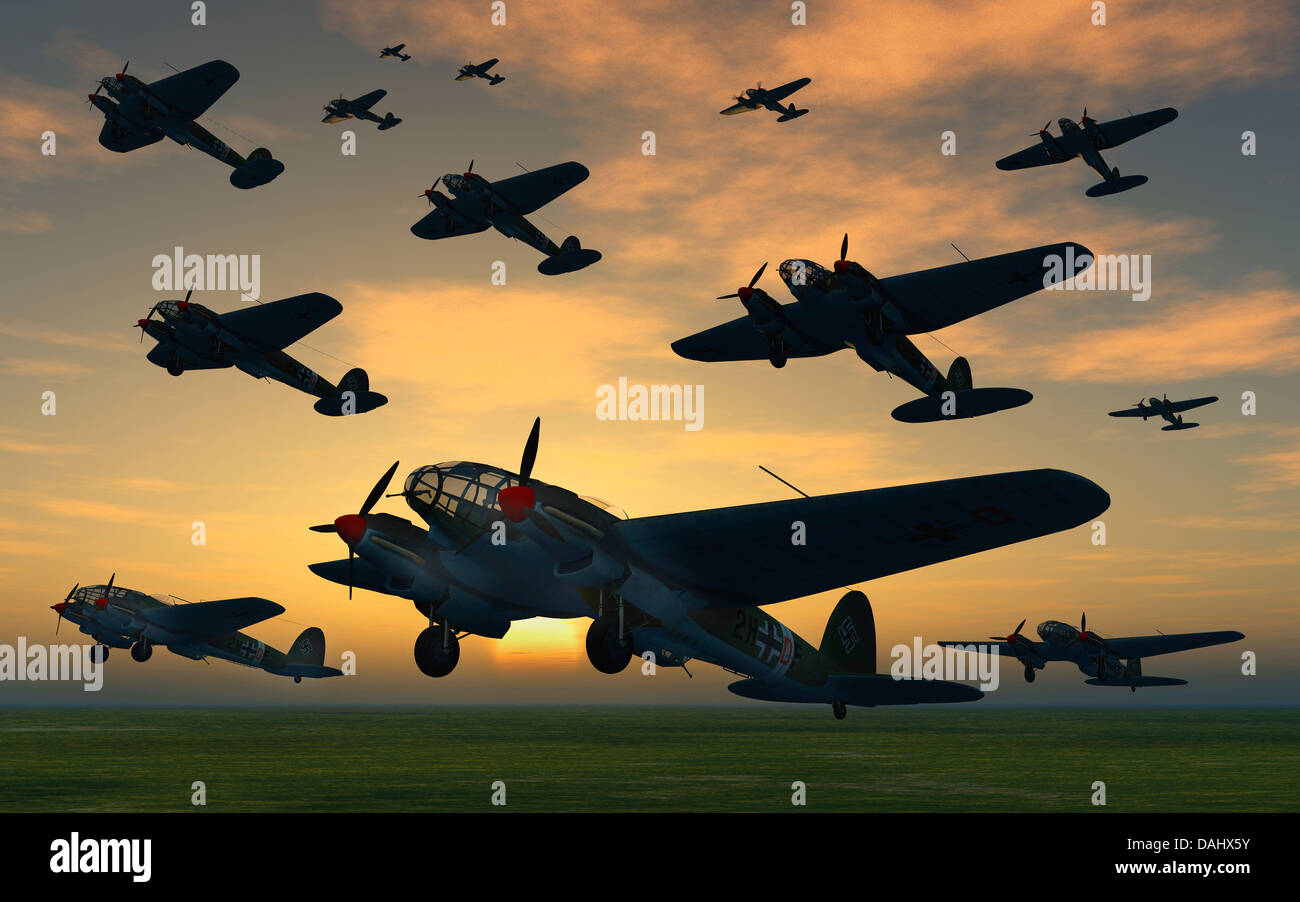 Heinkel deutsche Bomber vom französischen Flugplätze, im Laufe des Abends. Stockfoto