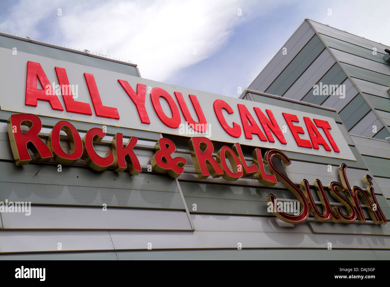 Las Vegas Nevada, The Strip, South Las Vegas Boulevard, Restaurants, Restaurants, Restaurants, Restaurants, Cafés, all you can eat, Rock & Roll Sushi, Schild, Vorderseite, Eingang Stockfoto