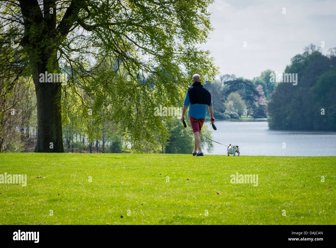 Ein Mann geht seinen Hund in den Gärten von Blenheim Palace, Woodstock, Oxfordshire, Vereinigtes Königreich Stockfoto