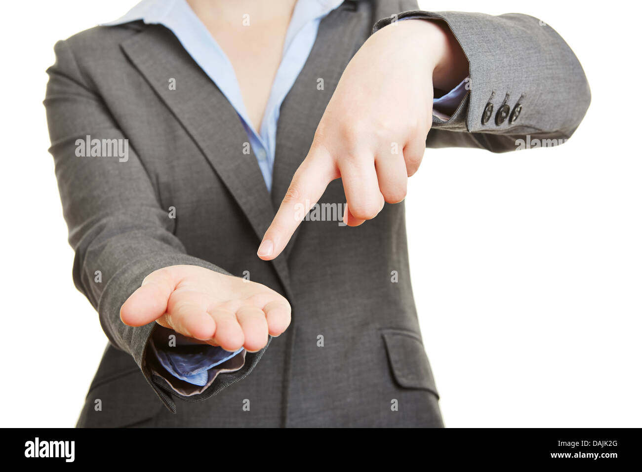 Finger eine Geschäftsfrau auf leere Handfläche Stockfoto