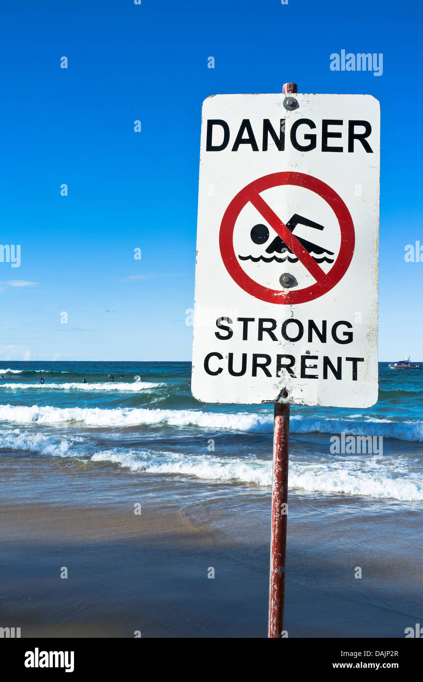 dh Manly Beach SYDNEY Australien Gefahr schwimmen Wegweiser Schwimmer starke aktuelle Warnung Stockfoto