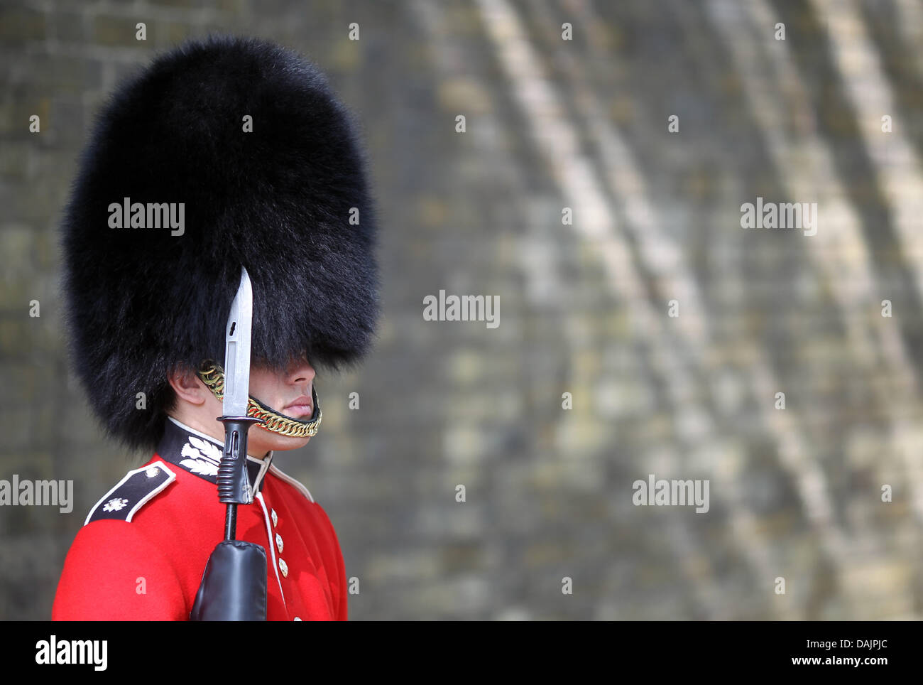 Ein Soldat steht Wache in der Nähe von Buckingham Palace in London, Großbritannien, 25. April 2011. Buckingham Palace wird die letzte Stelle für die königliche Hochzeit von Prinz William und Kate Middleon am 29. April sein. Foto: Kay Nietfeld Stockfoto