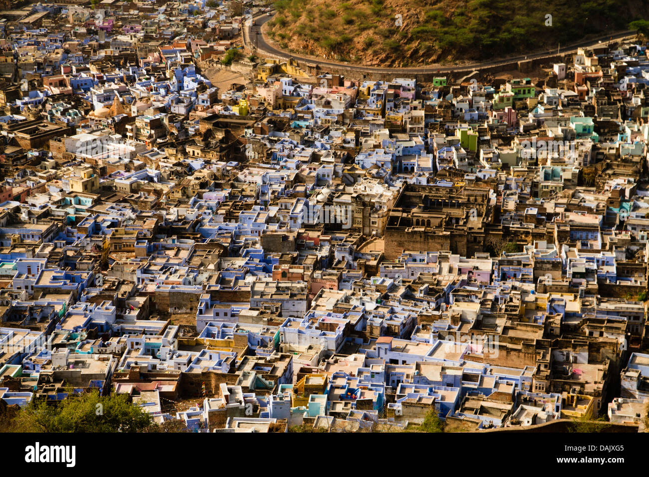 Blick auf Bundi aus Taragarh Fort, Bundi, Rajasthan, Indien Stockfoto