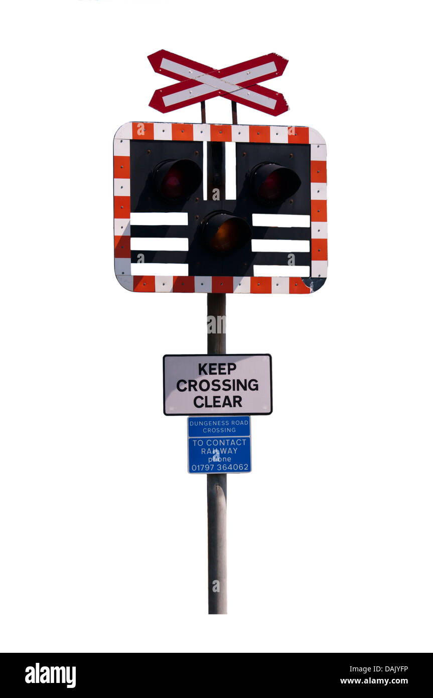 Unbemannte Bahnübergang Zeichen auf Romney Hythe und Dymchurch Dampfeisenbahn bei Dungeness Kent UK Stockfoto