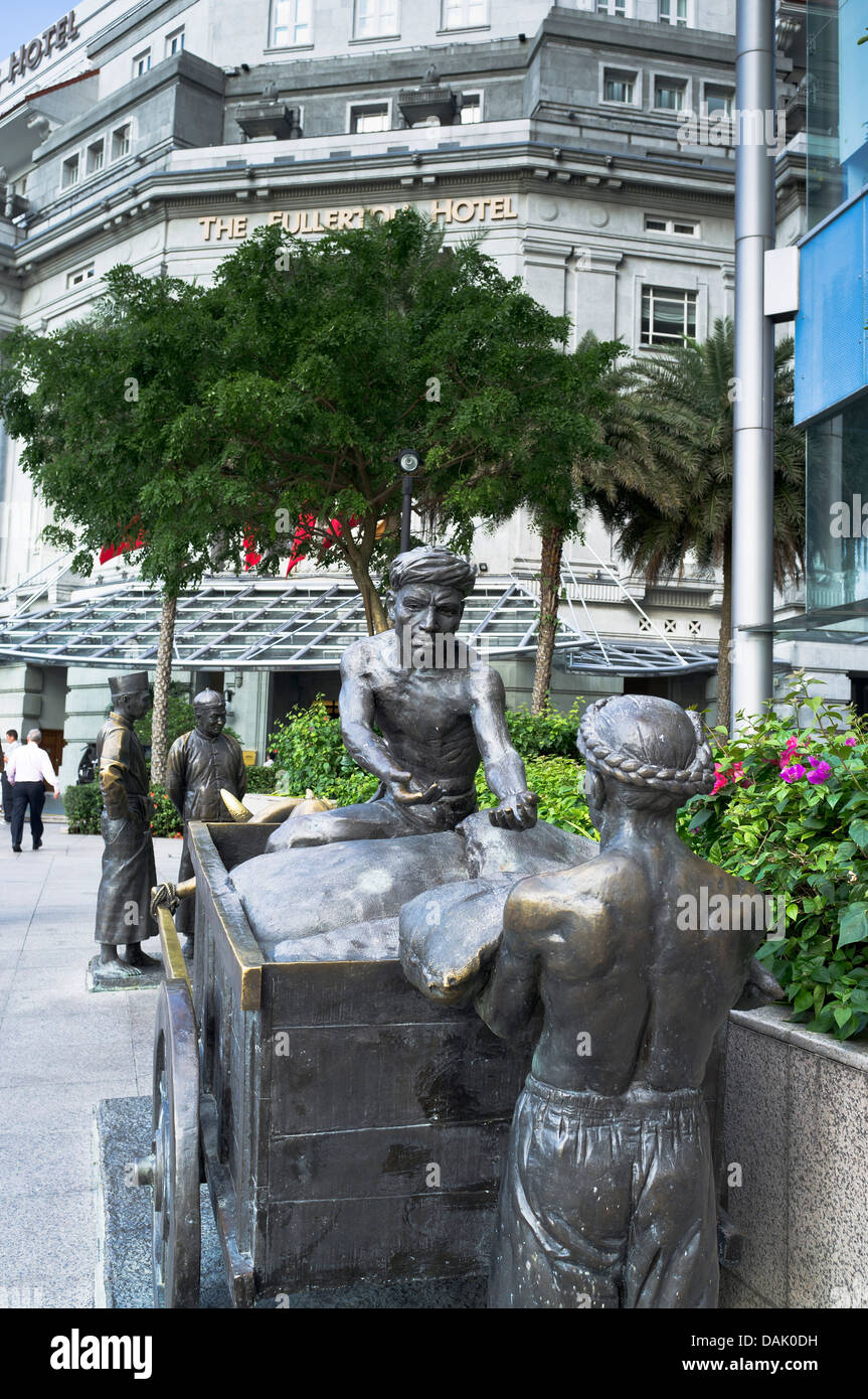 Dh River Side Skulpturen Boat Quay Singapur geschnitzte Statuen Kulis laden Lkw British Empire Skulptur Stockfoto