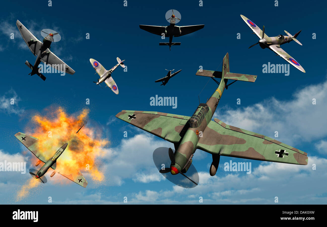 Stukas von RAF Spitfires abgefangen Stockfoto