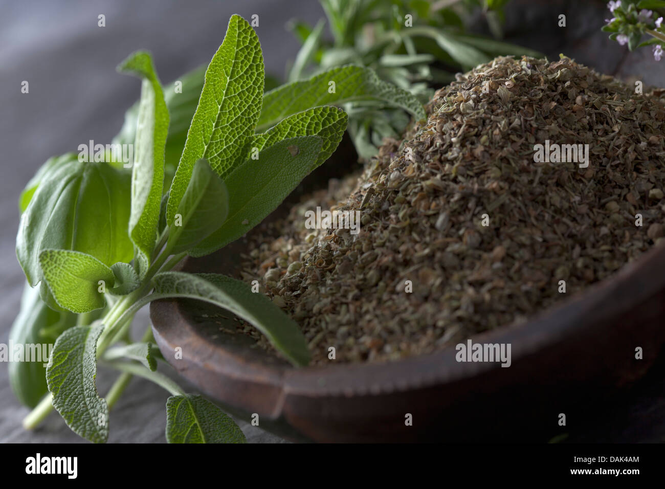 Verschiedene italienische Kräuter und Pulver in hölzernen Löffel, Nahaufnahme Stockfoto