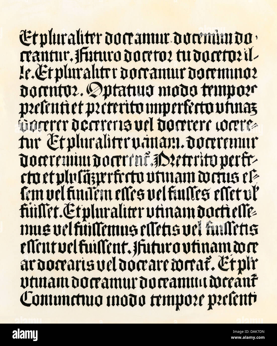 Seite des 'Grammaire Latine' von Donatus, durch Gutenberg veröffentlicht. Holzschnitt mit einem Aquarell waschen Stockfoto