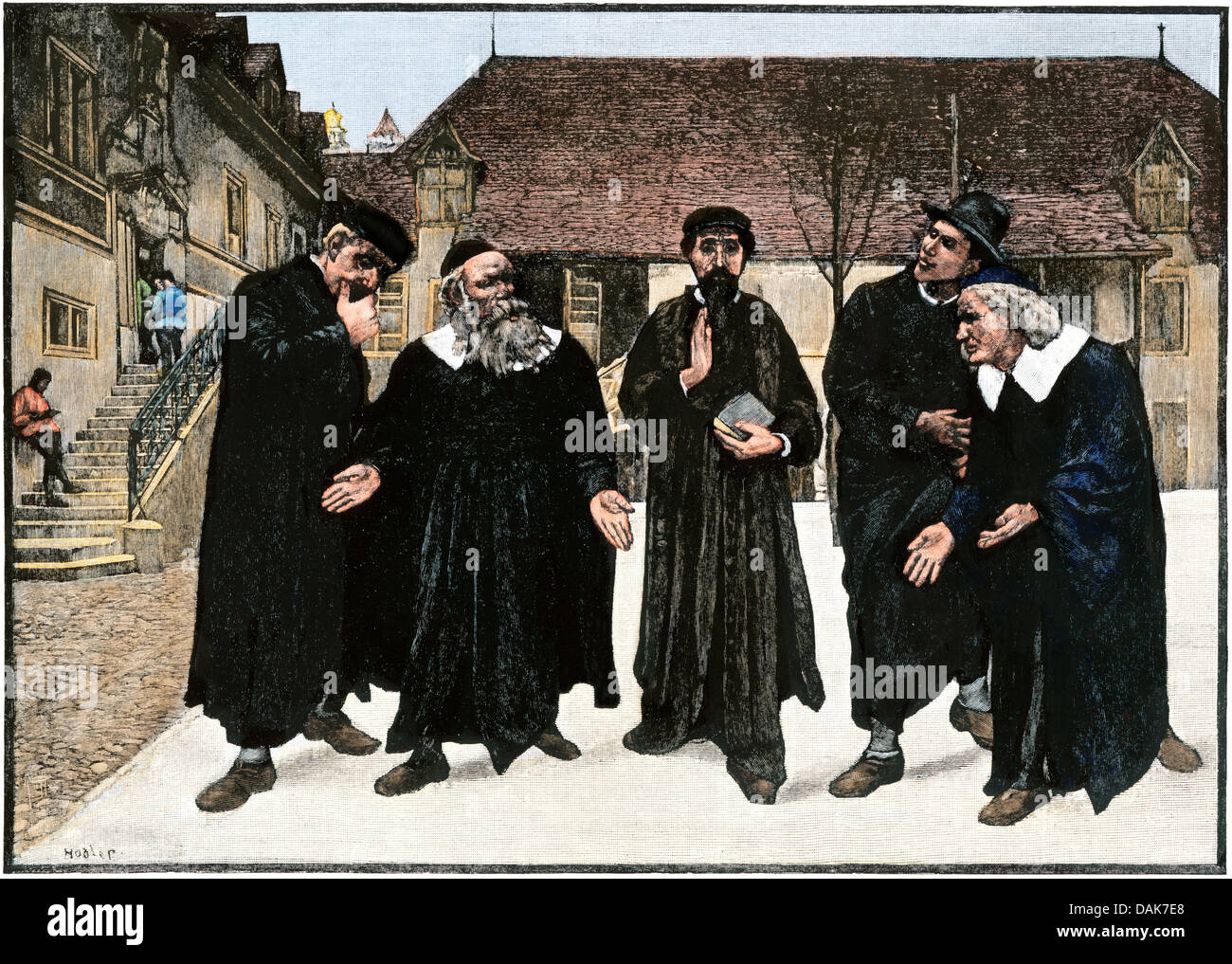 Johannes Calvin und die vier syndics Gründung des Seminars wurde die Hochschule von Genf, 1559. Hand - farbige Holzschnitt Stockfoto