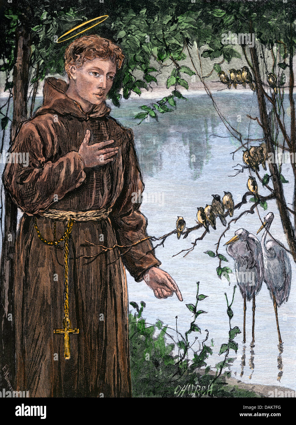 Der heilige Franz von Assisi Ansprache an eine Gruppe von Vögeln. Hand - farbige Holzschnitt Stockfoto