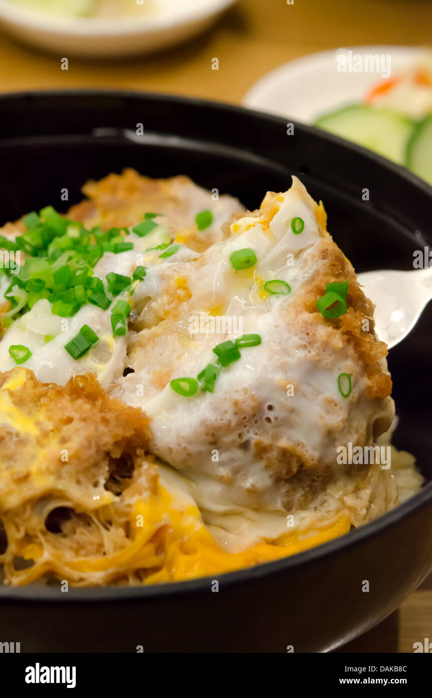 Schweineschnitzel hautnah und Ei auf Reis, Katsudon, japanisches Essen Stockfoto