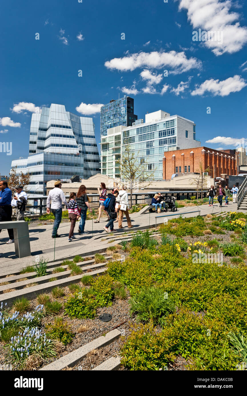 High Line New York City IAC Building Frank Gehry Architektur Chelsea Manhattan New York High Line Park Stockfoto