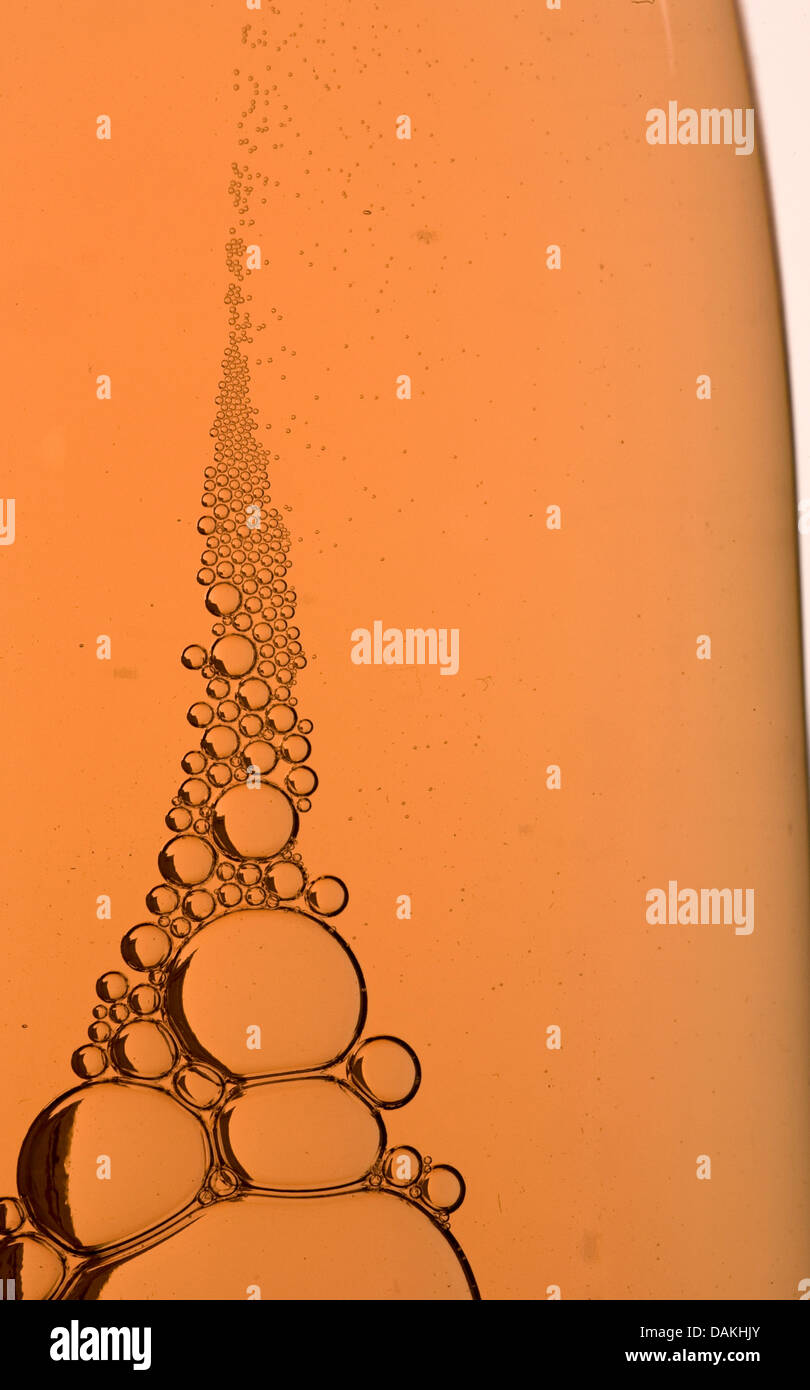 Luftblasen in einer Weinflasche Stockfoto