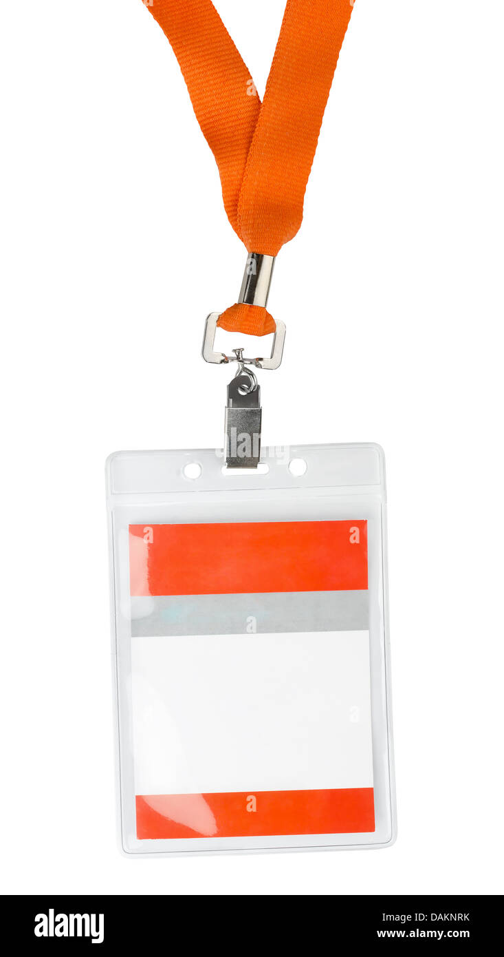 -Kunststoff-Abzeichen Schlüsselhalter mit orange Spitze isoliert auf weiss Stockfoto