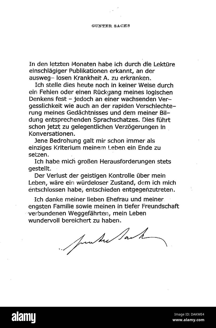 Ein Faksimile der Abschiedsbrief von Gunter Sachs, der sich wegen einer schweren Krankheit getötet hat, ist in Berlin, Deutschland, 8. Mai 2011 abgebildet. Seine Familie bestätigte den Tod der 78-Year-old und der Abschiedsbrief veröffentlicht. Foto: Dpa Stockfoto