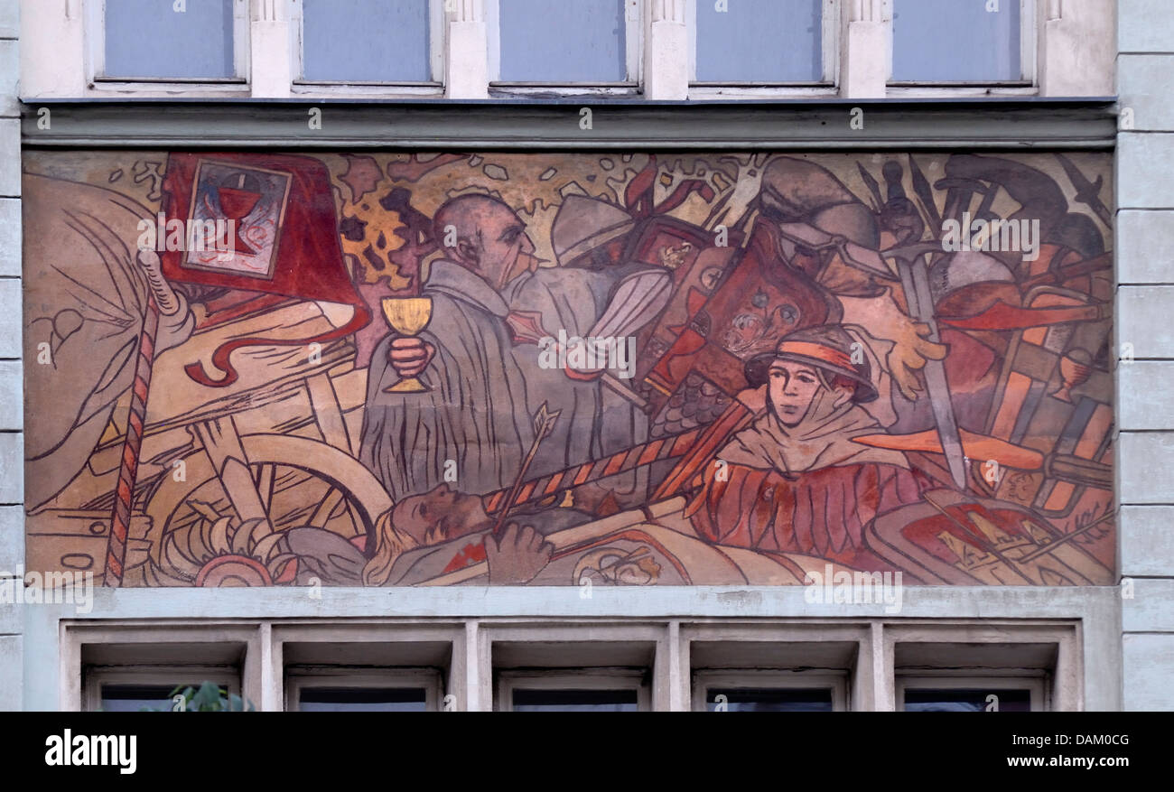 Prag, Tschechische Republik. Fassadendetail auf Gebäude in Jecna Nr. 10. Schlacht von Prag 25. Juli - 1. November 1648) letzte Aktion der dreißig Jahre Stockfoto