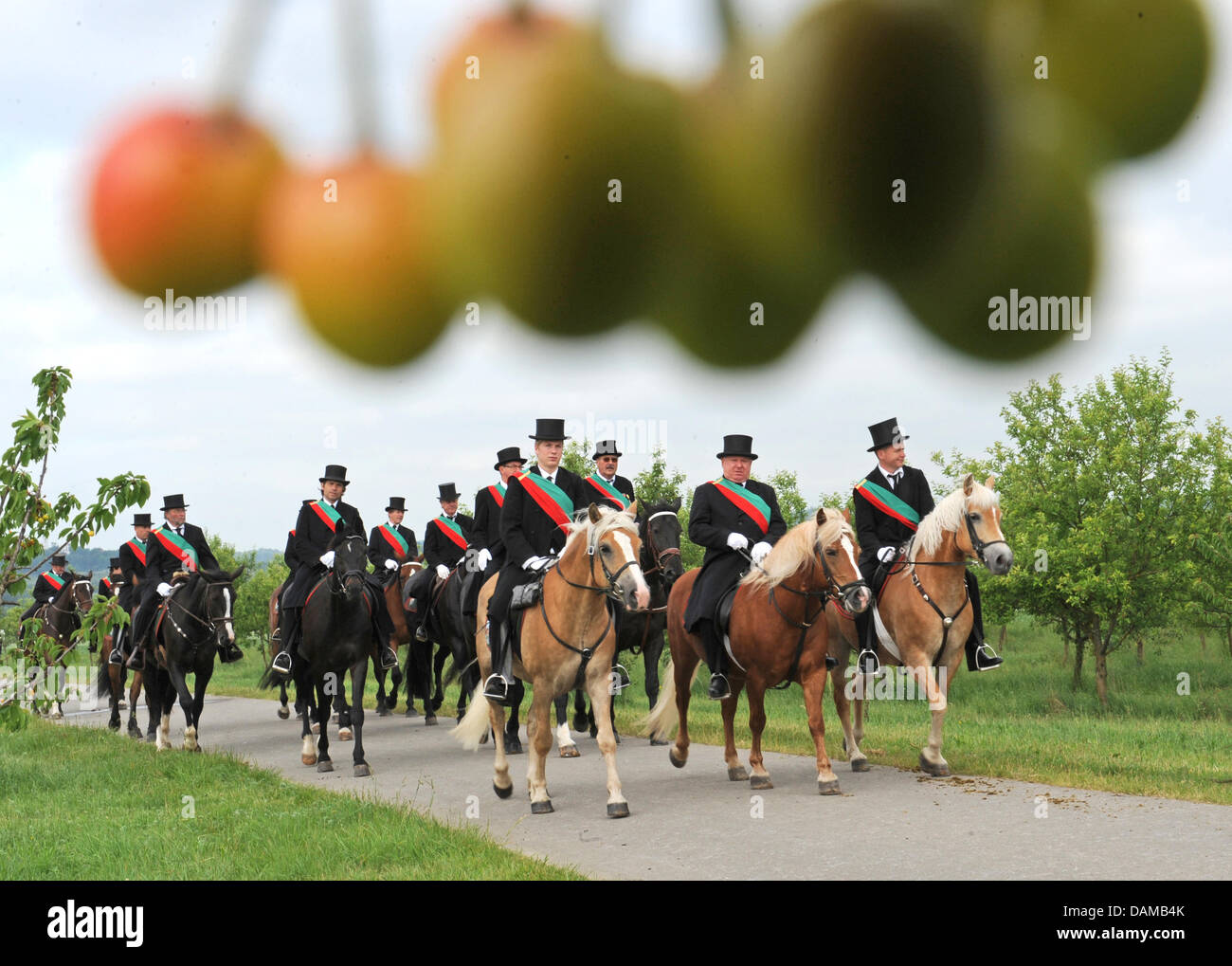 Eine Gruppe Reiter nehmen an der traditionellen Reitsport Prozession "Blut Ride" in Weingarten, Deutschland, 3. Juni 2011. Die prosession findet jedes Jahr zu Ehren der "Reliquie des Heiligen Blutes" einen Tag nach Christi Himmelfahrt. 2700 Menschen nahmen an den Pferdesport Prozession teil. Foto: Patrick Seeger Stockfoto