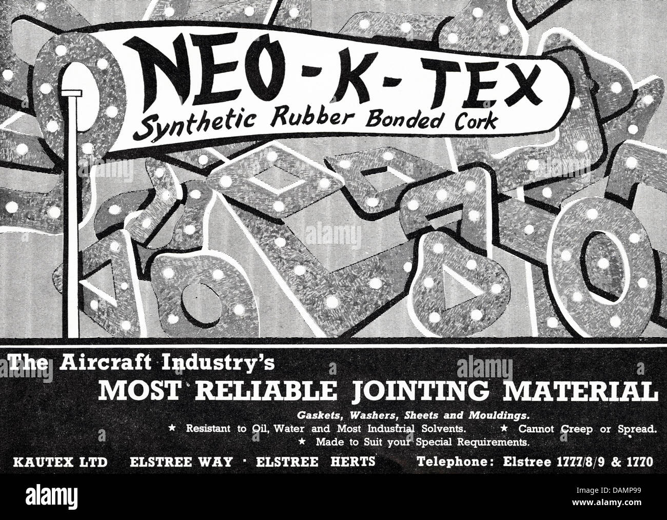 Anzeige für Neo-K-Tex synthetischem Kautschuk verklebt Kork fügen Material von Kautex Ltd Elstree Herts England UK Lieferanten, die Flugzeug-Industrie Werbung im Fachmagazin ca. 1955 Stockfoto