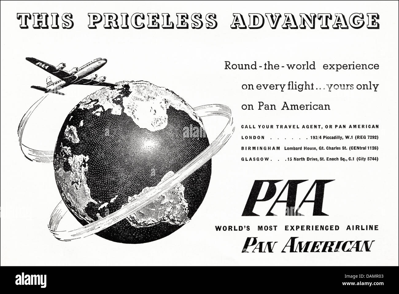 Anzeige für PAA Pan American Airline-Werbung im Fachmagazin ca. 1955 Stockfoto