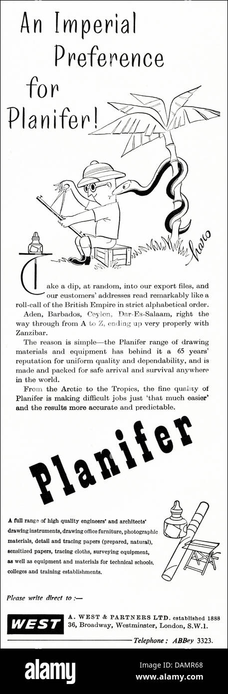 Anzeige für Planifer technische Zeichnung Ausstattung von A. West & Partners Ltd Westminster London England UK Werbung in Fachzeitschrift ca. 1955 Stockfoto