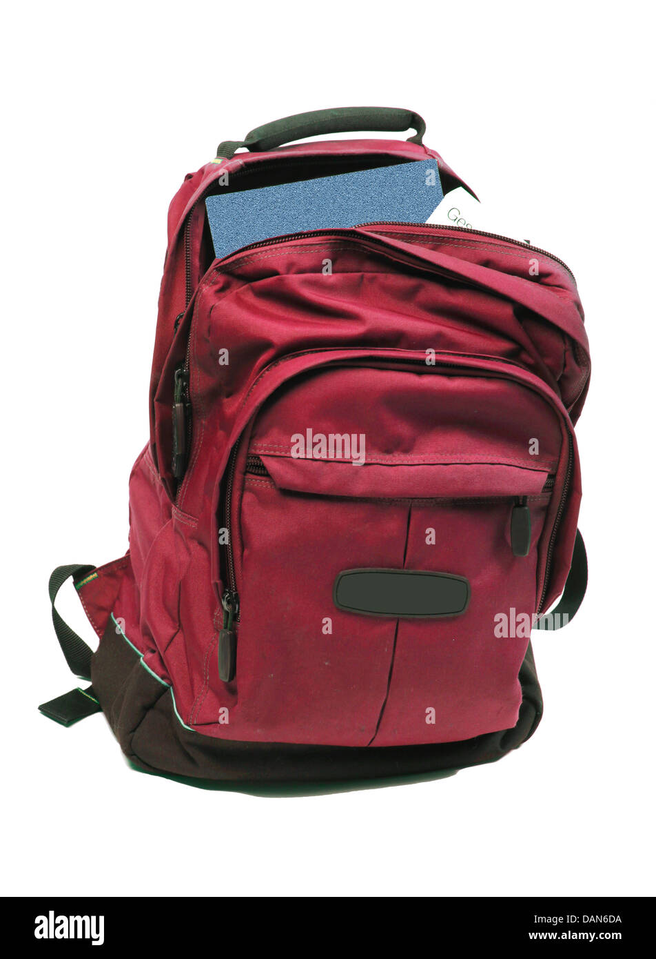 Rucksack voll mit Schulbüchern Stockfoto