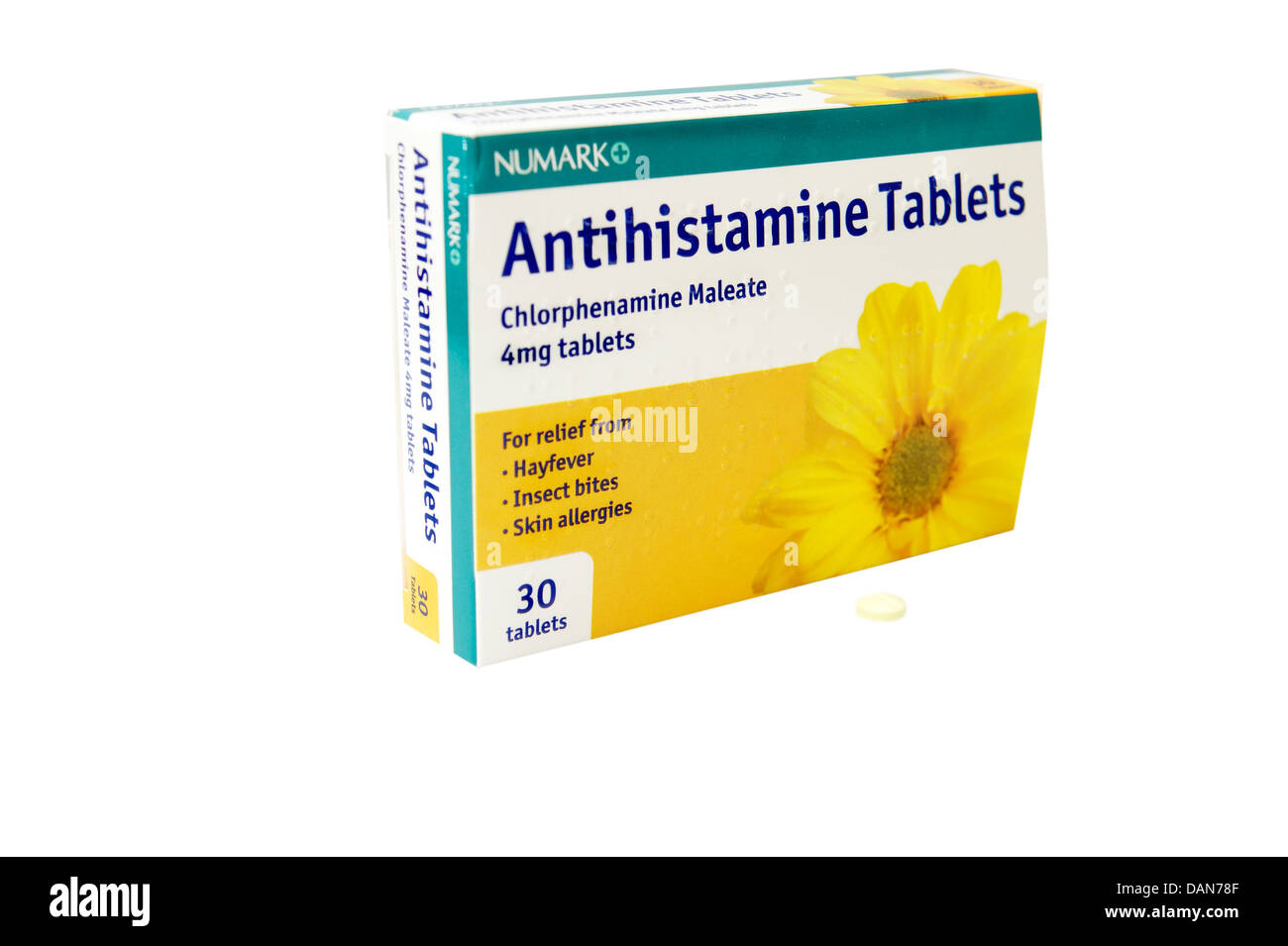 Antihistamin-Tabletten (Chlorphenamin Maleat) für Heuschnupfen Insektenstiche & Hautallergien Stockfoto