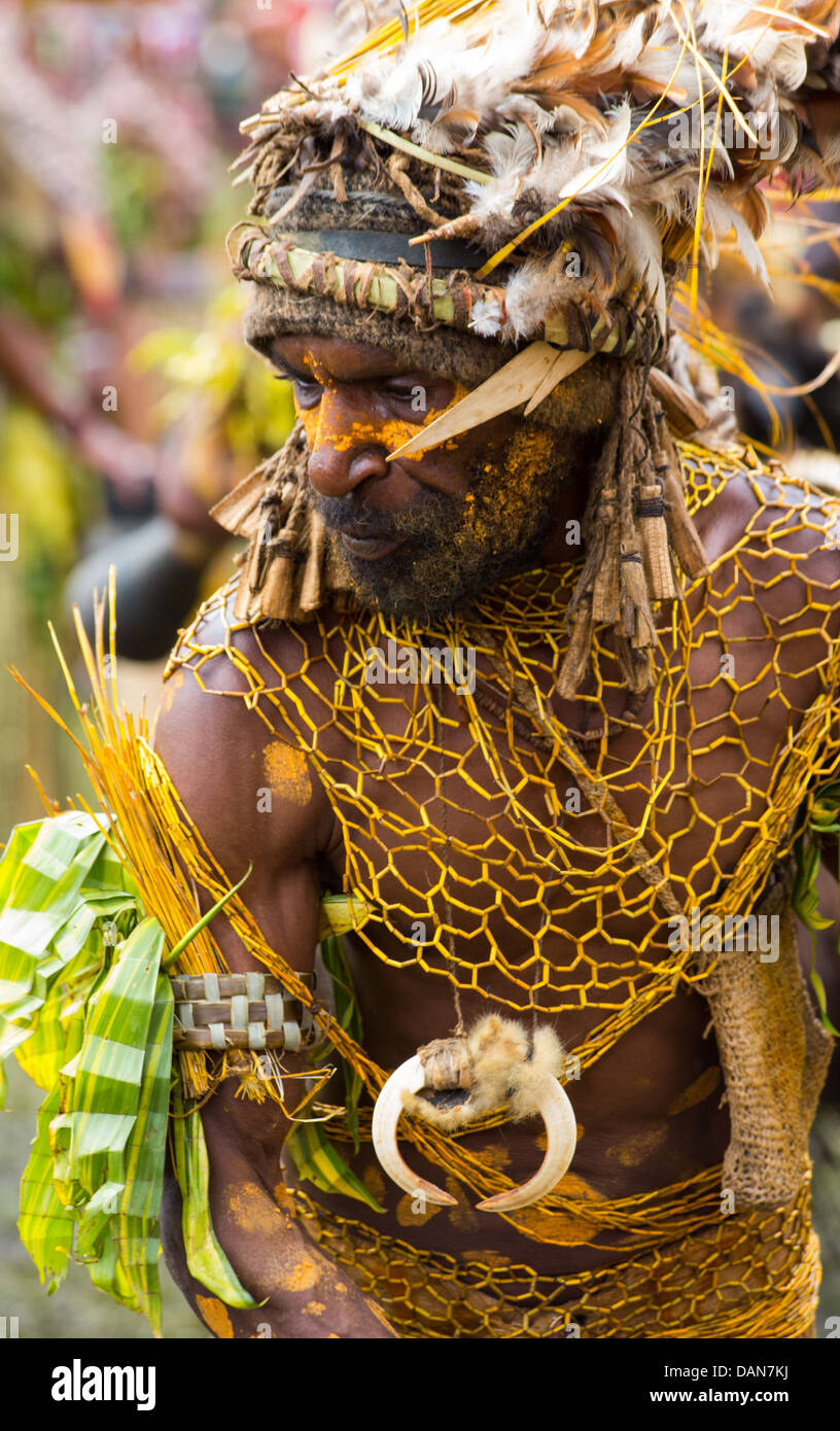 Mann, gekleidet in einem traditionellen Stammes-Outfit in Goroka Show, Papua-Neu-Guinea Stockfoto