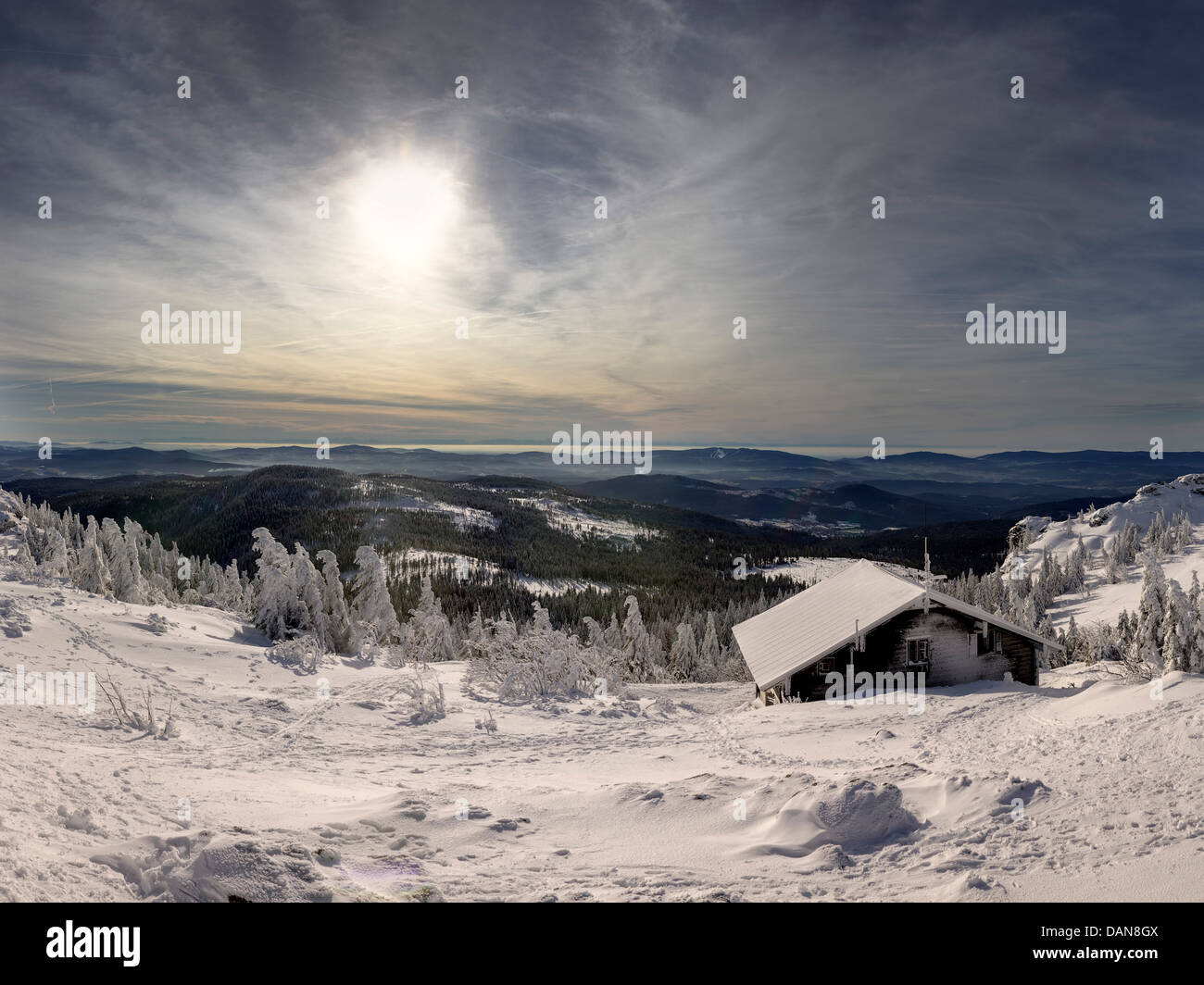Deutschland, Blick auf Zwiesel Hütte am großen Arber im bayerischen Bohemian Mountain Ridge Stockfoto