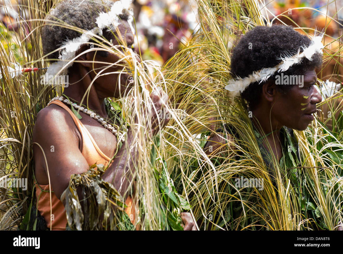Frauen tragen traditionelle Rasen Kostüme an die Goroka zeigen in Papua-Neu-Guinea Stockfoto