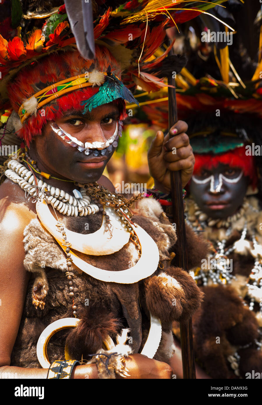 Junge Frauen mit ihrem Gesicht bemalt und tragen Feder Kopfschmuck und Tierhäute, Goroka Festival, Papua-Neu-Guinea Stockfoto