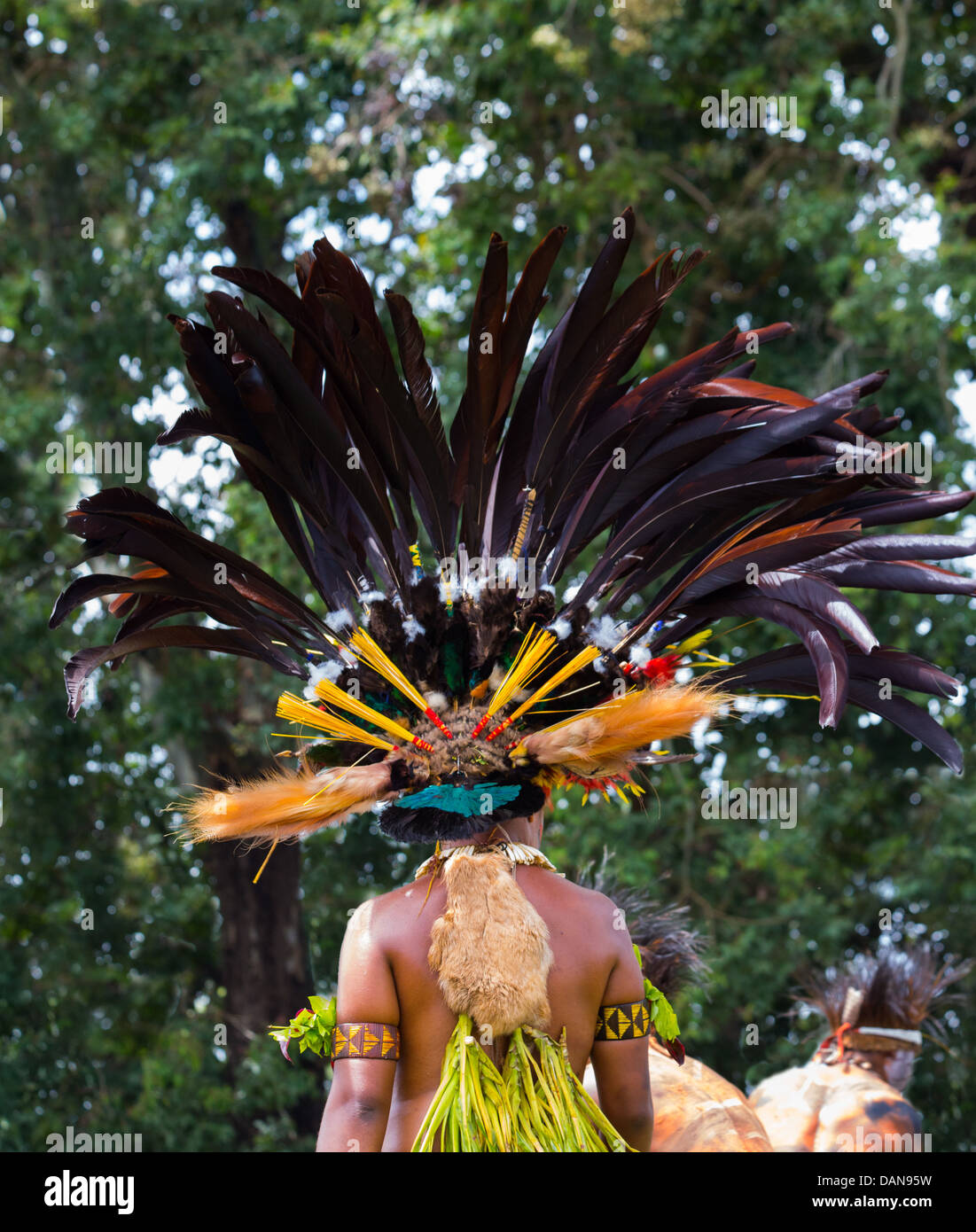 Junge Frau trägt einen große traditionelle Kopfschmuck aus Federn auf der Goroka Show in Papua-Neu-Guinea Stockfoto